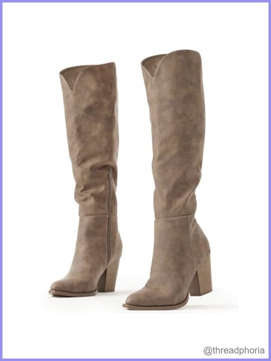 Shoes - Faux Leather Knee High Western Boots Pointed Toe Tall Fashion Boots
